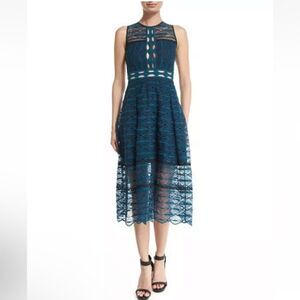 Jonathan Simkhai Women's Lace Embroidered Sleeveless Midi Dress Teal/Navy Sz. 0